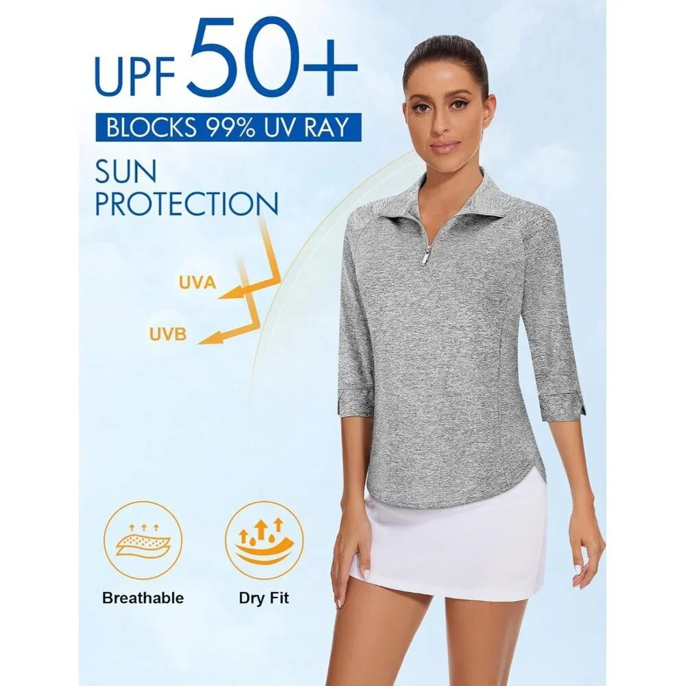 Womens Golf Shirt Polyester UV Protection 3/4 Sleeve Workout Tennis Tops - Picture 3 of 5